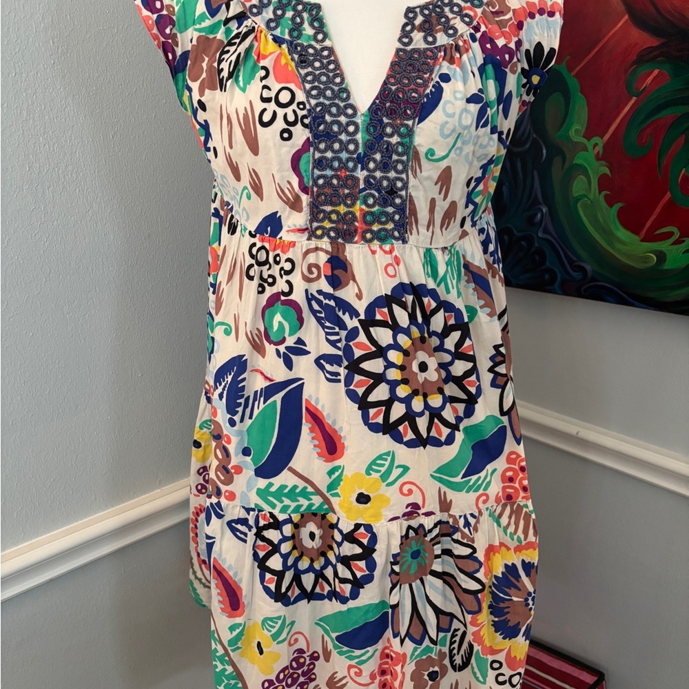 Boden Colorful Floral Dress with Embellished Neckline
